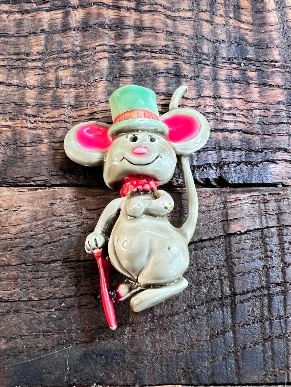 Vintage Ceramic Mouse Brooch with Top Hat - Gray & Pink by HAR